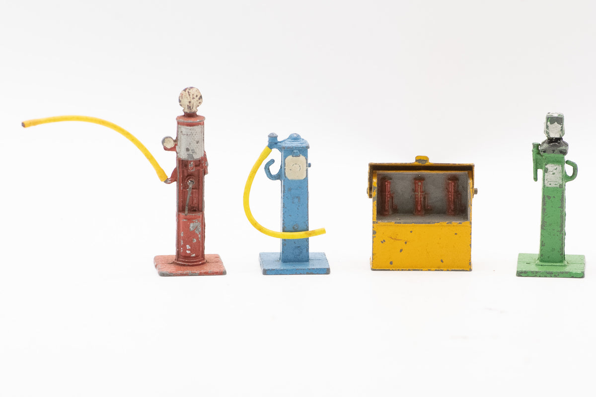 Original Vintage 1940s–1950s Dinky Toys No. 49 Petrol Pumps and Oil Bin Diecast Set